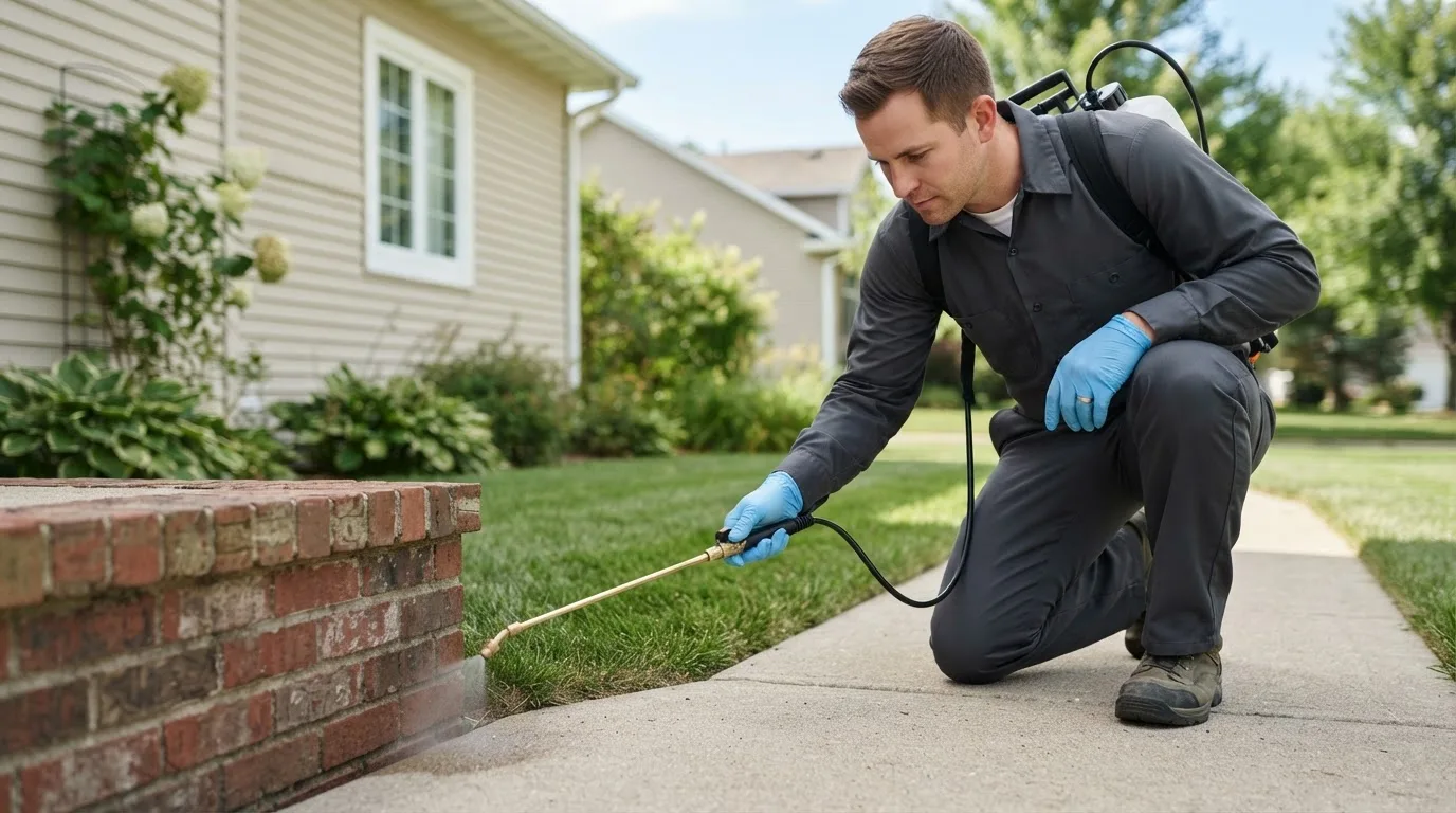 Pest control technician treating a home near Harwinton, CT