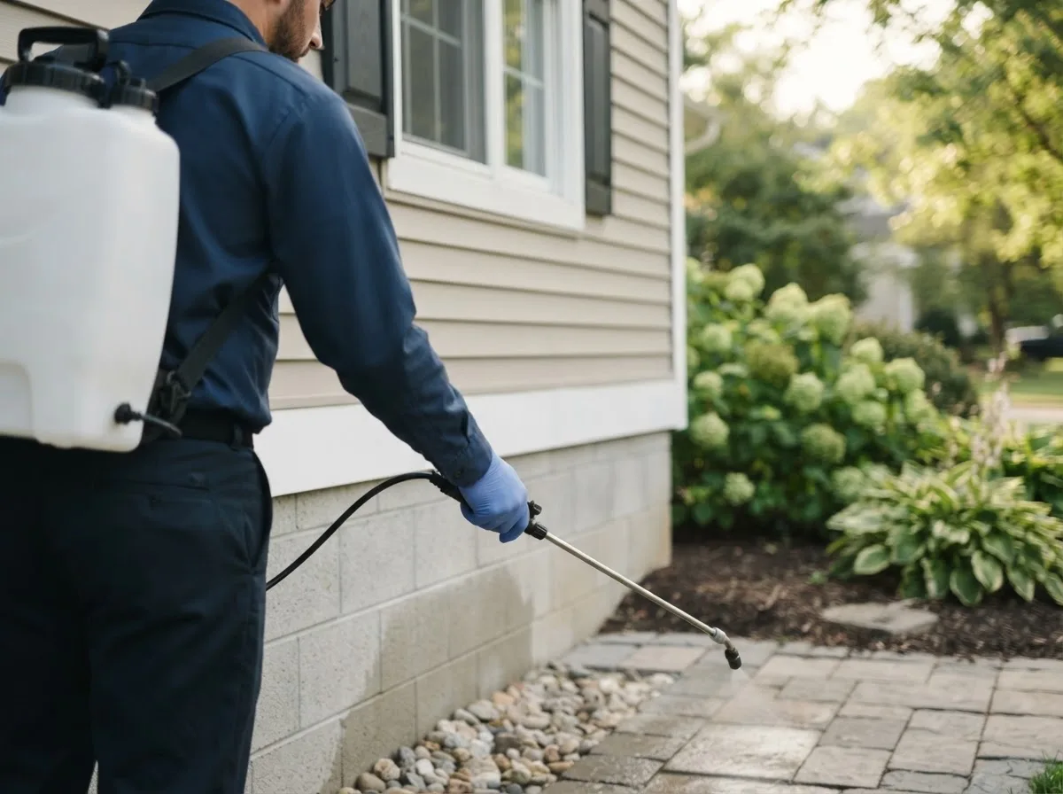Pest control technician inspecting a home in Harwinton, CT